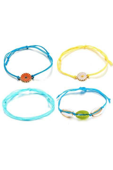 Set patru bratari, snururi cu flori si scoici metalice, pictate Multicolor