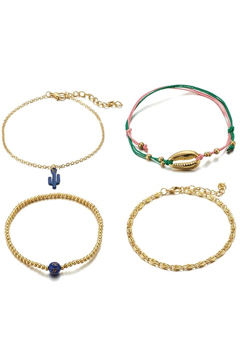 Set 4 bratari de glezna, cactus, scoica, snururi, margelute si lantisoare Multicolor