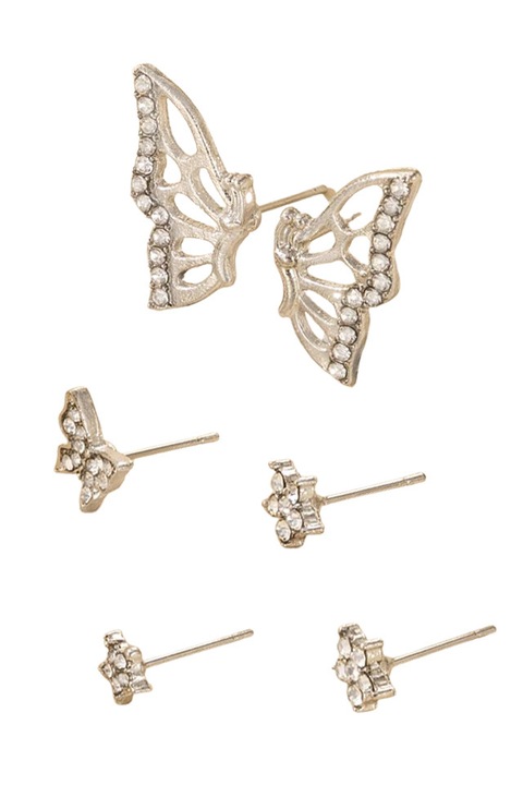 Set de sase cercei, fluturasi si floricele cu cristale mici Argintiu