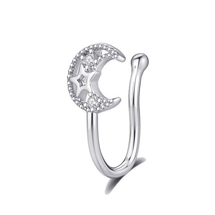 Cercel ear cuff minimal, piercing fals pentru nas, semiluna cu stelute si cristale Argintiu Urechea stanga sau dreapta