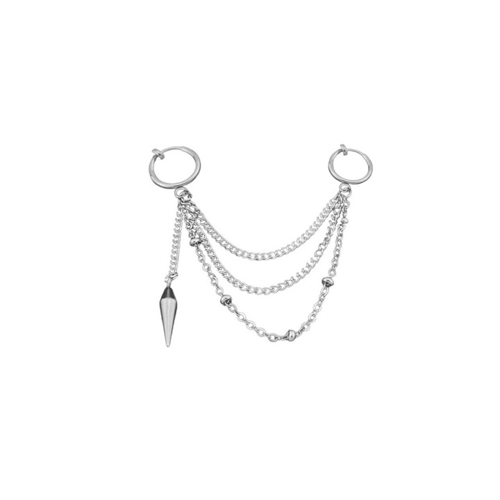 Cercel ear cuff punk cu prindere dubla, trei lantisoare si tep metalic Argintiu