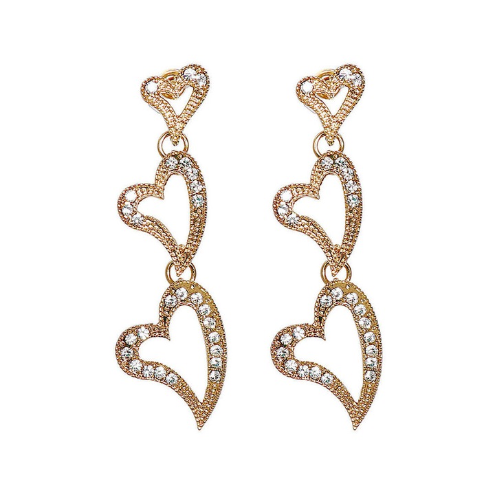 Cercei statement lungi, trei inimioare asimetrice, cu cristale Auriu