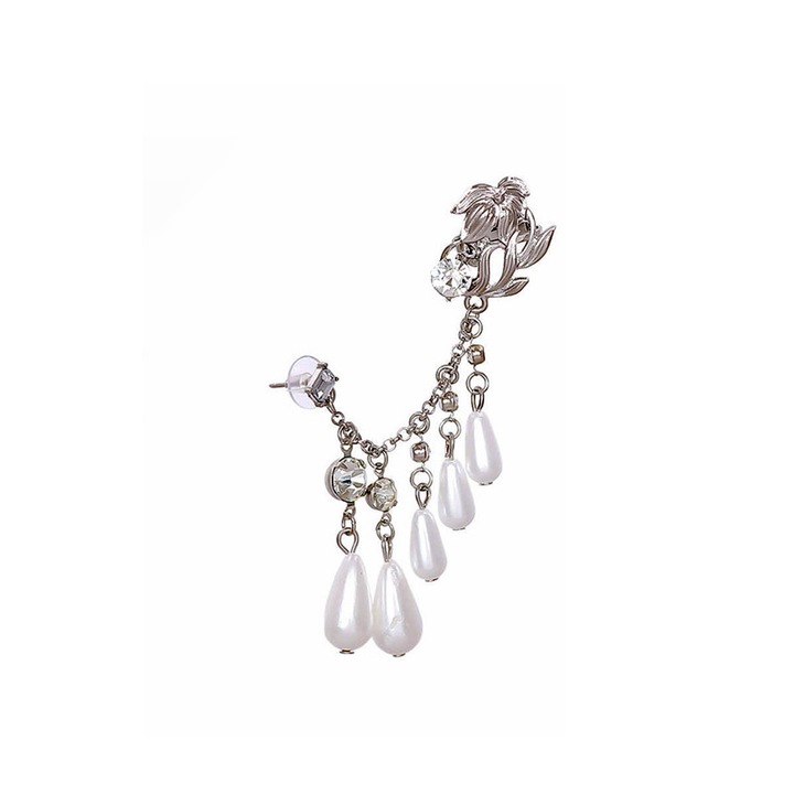 Cercel ear cuff elegant, crin, lantisor cu perle mari si cristale si prindere dubla Argintiu Urechea stanga