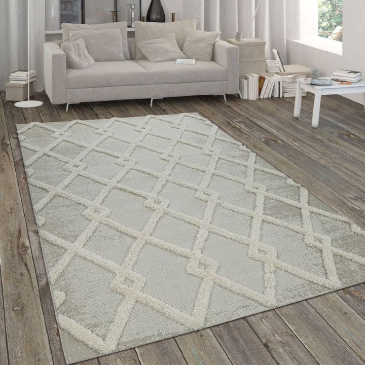 Kültéri-szőnyeg bozontos-minta gyémánt-dizájn bézs, 200x290-es méretben