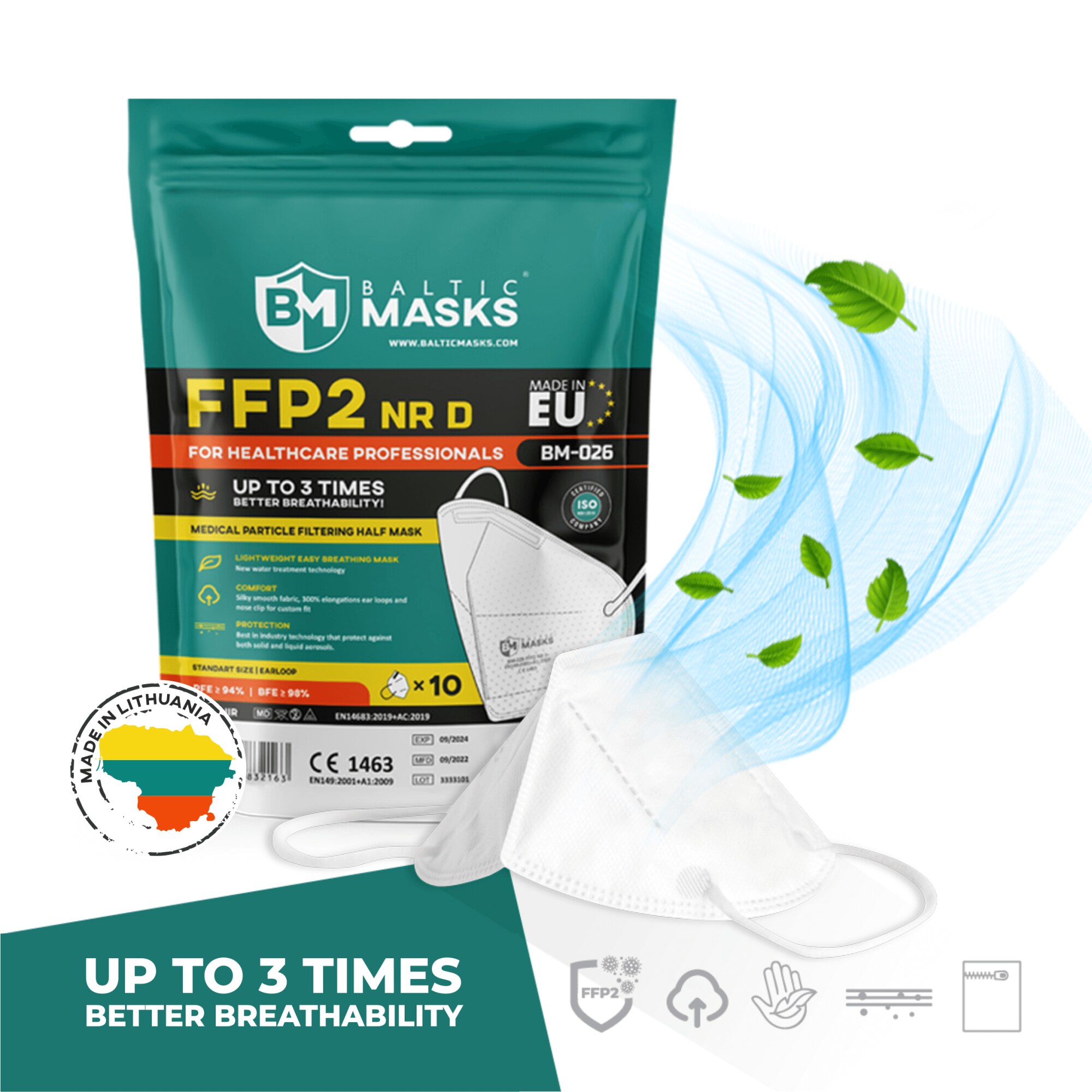Комплект от 10 дихателни защитни маски FFP2 Type IIR Baltic Masks BM026 NR, Сертификат CE