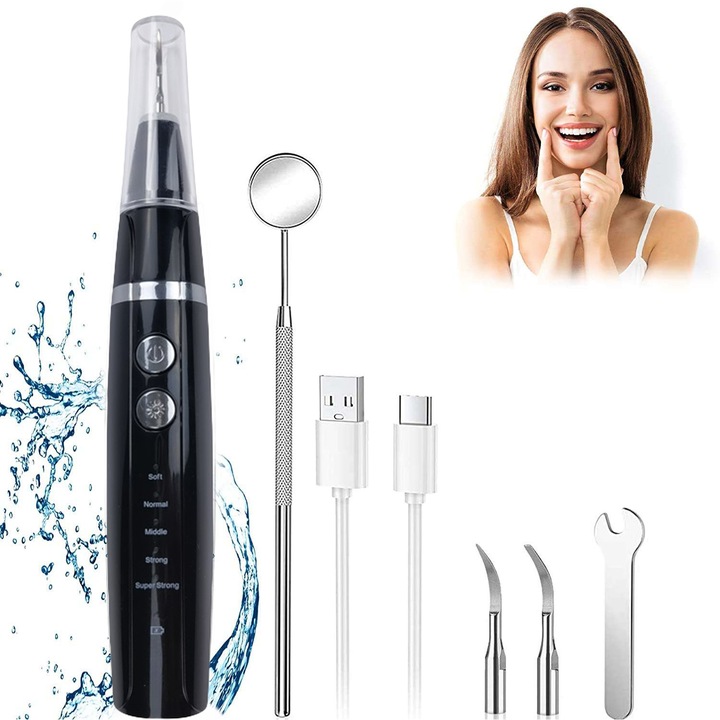 Dispozitiv pentru eliminare tartru, Zenkabeat Smart Sonic Pro, 5 moduri de lucru, Detartraj Ultrasonic, Rezistent la Apa, Baterie Reincarcabila, Negru