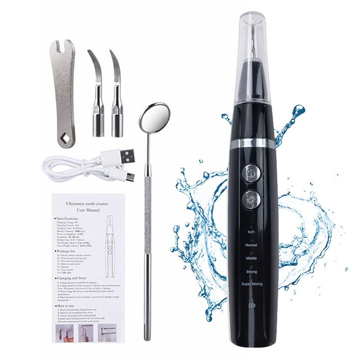 Dispozitiv pentru eliminare tartru, Zenkabeat Smart Sonic Pro, 5 moduri de lucru, Detartraj Ultrasonic, Rezistent la Apa, Baterie Reincarcabila, Negru