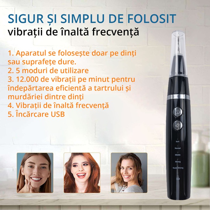 Dispozitiv pentru eliminare tartru, Zenkabeat Smart Sonic Pro, 5 moduri de lucru, Detartraj Ultrasonic, Rezistent la Apa, Baterie Reincarcabila, Negru