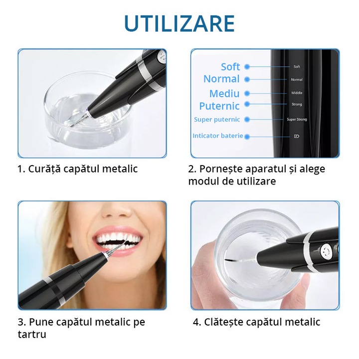 Dispozitiv pentru eliminare tartru, Zenkabeat Smart Sonic Pro, 5 moduri de lucru, Detartraj Ultrasonic, Rezistent la Apa, Baterie Reincarcabila, Negru