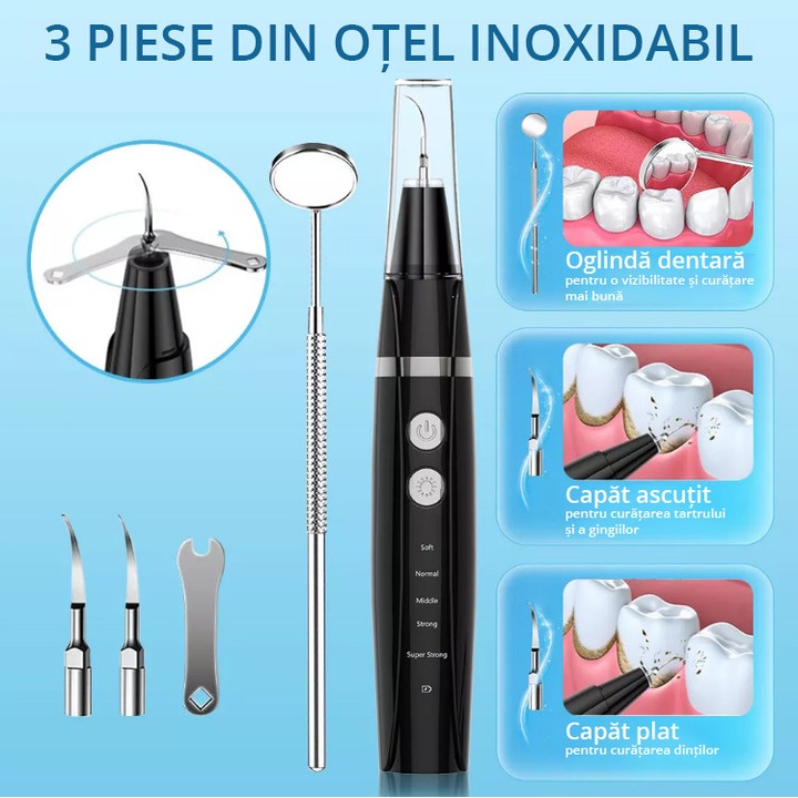Dispozitiv pentru eliminare tartru, Zenkabeat Smart Sonic Pro, 5 moduri de lucru, Detartraj Ultrasonic, Rezistent la Apa, Baterie Reincarcabila, Negru