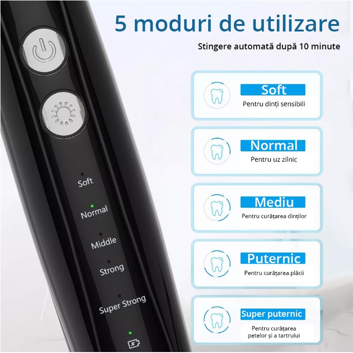 Dispozitiv pentru eliminare tartru, Zenkabeat Smart Sonic Pro, 5 moduri de lucru, Detartraj Ultrasonic, Rezistent la Apa, Baterie Reincarcabila, Negru