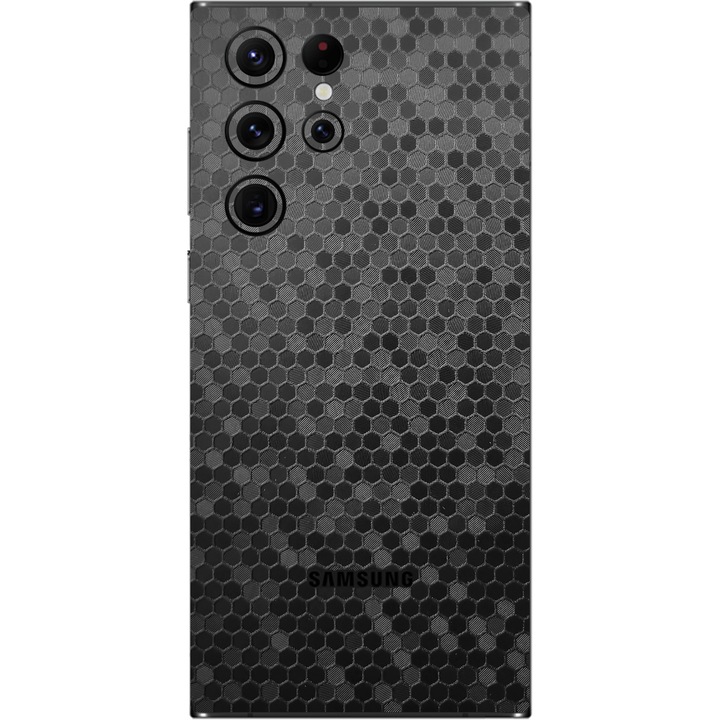 Folie iSkinz pentru Samsung Galaxy S22 Ultra 5G - Honeycomb Negru Black 360 Cut, Skin Adeziv Full Body Cover, Protectie Carcasa Spate si Laterale