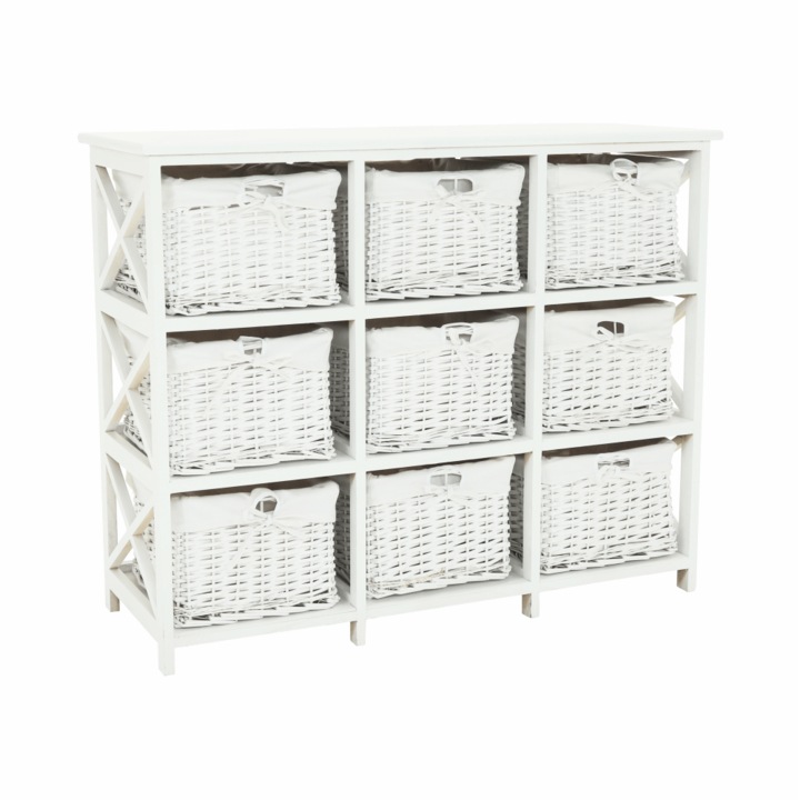 Fiókos szekrény, fa 9 fonott kosárral és fehér szövettel, Rafaello, 94x37x76 cm