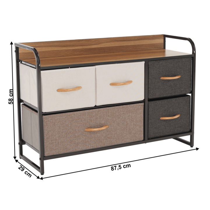 Comoda DacEnergy©, constructie metalica, 5 sertare de panza, cu manere din lemn, 87.5 x 58 x 29 cm, nuante de maro