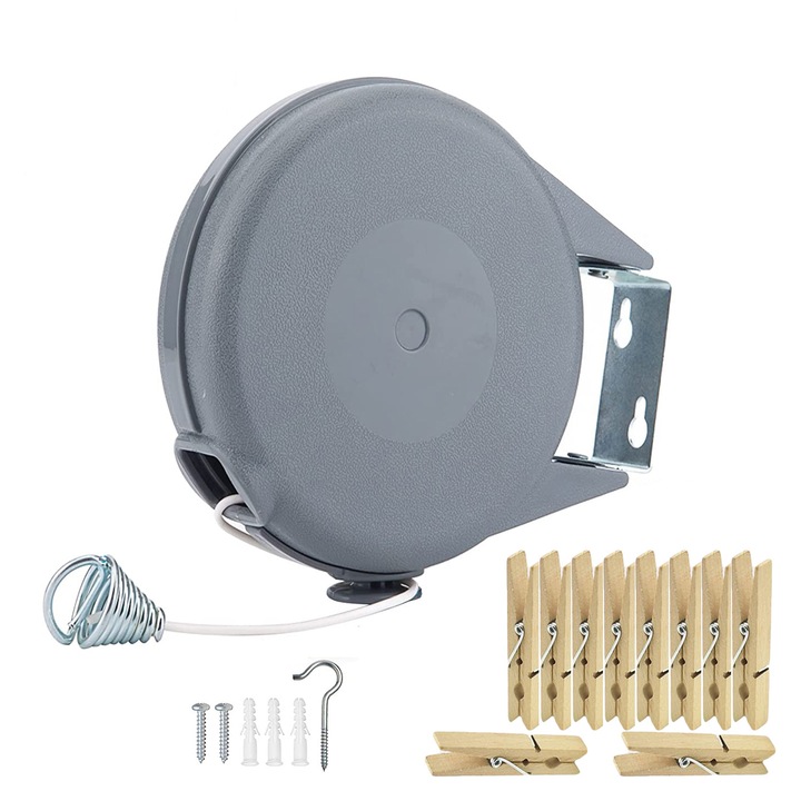 Sfoara retractabila pentru uscat rufe, MorFansi, Linie de spalat rufe portabila, rezistenta, pentru interior si exterior, 12m, Gri