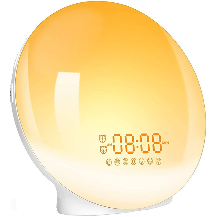 Smart LED lámpa, fehér hangok, FM rádió órával és ébresztővel, napkelte szimuláció, 7 LED szín, Smart Wake-up lámpa