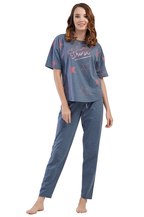 Női pamut pizsama, modell csillagokkal