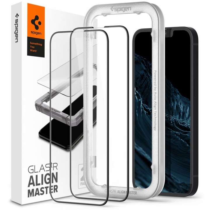 Протектор Spigen ALM Glass FC, за iPhone 13 Pro / iPhone 13 Full, черен, с рамка, 2 броя