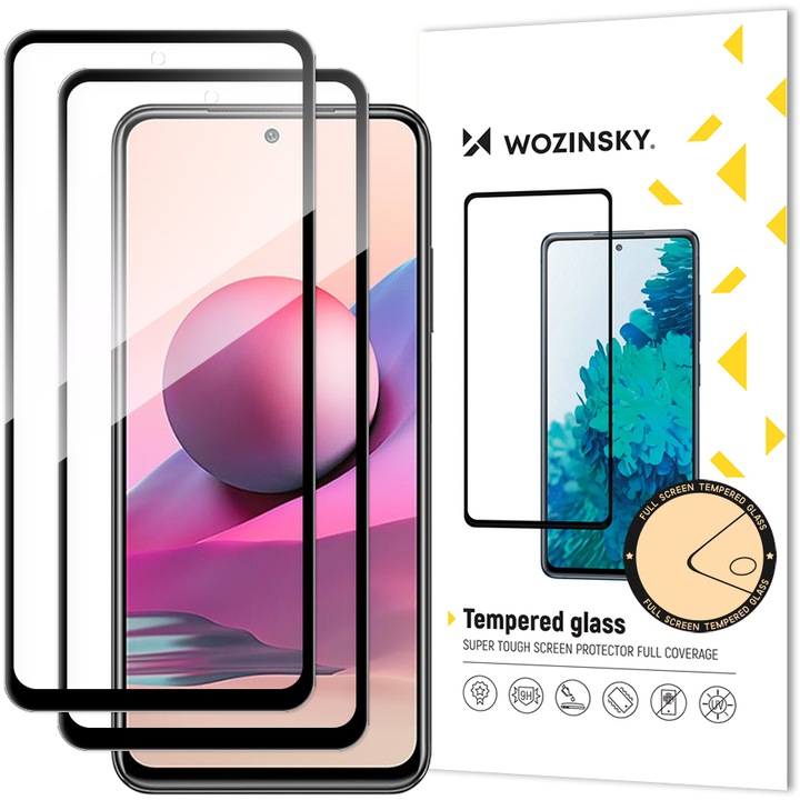 Протектор Wozinsky 2x Full Glue, с рамка, за Xiaomi Redmi Note 10 / Redmi Note 10S, черен, 2 броя