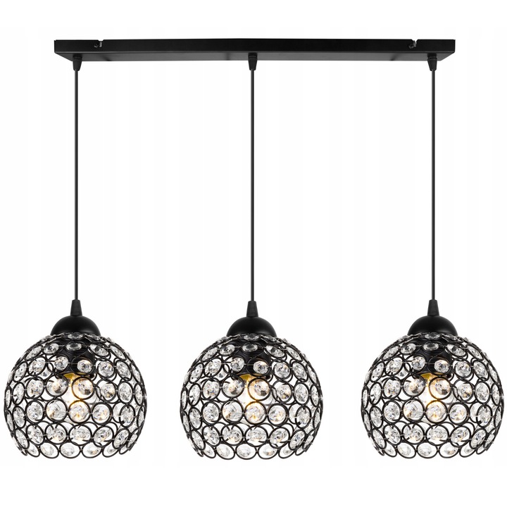 Plafoniera suspendata, LightHome, Cristal, cristale LED, Retea de alimentare, 60 W, 3 puncte luminoase, 14 cm, 86x65 cm, E27, metal, Negru/Transparent