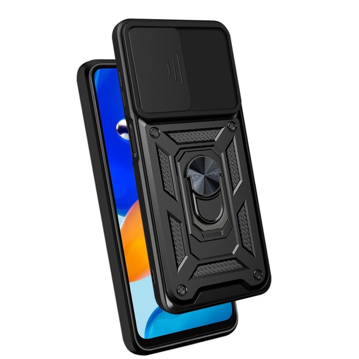 Telefontok Xiaomi Redmi Note 11 Pro / Note 11 Pro 5G - Tech-Protect Camshield - fekete szilikon tok, kitámasztó ujjgyűrűvel, csúsztatható kameravédővel