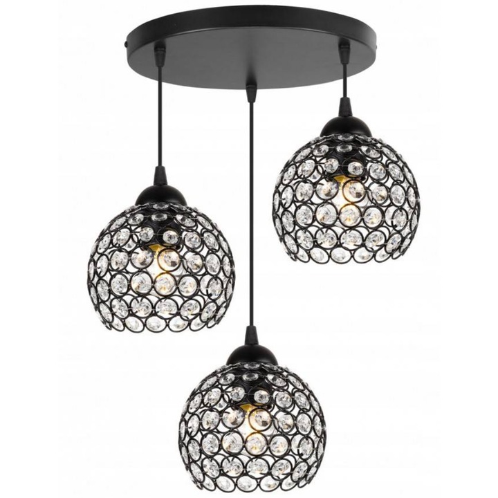 Plafoniera suspendata, LightHome, Cristal, cristale LED, Retea de alimentare, 60 W, 3 puncte luminoase, 14 cm, 92x38 cm, E27, metal, Negru/Transparent
