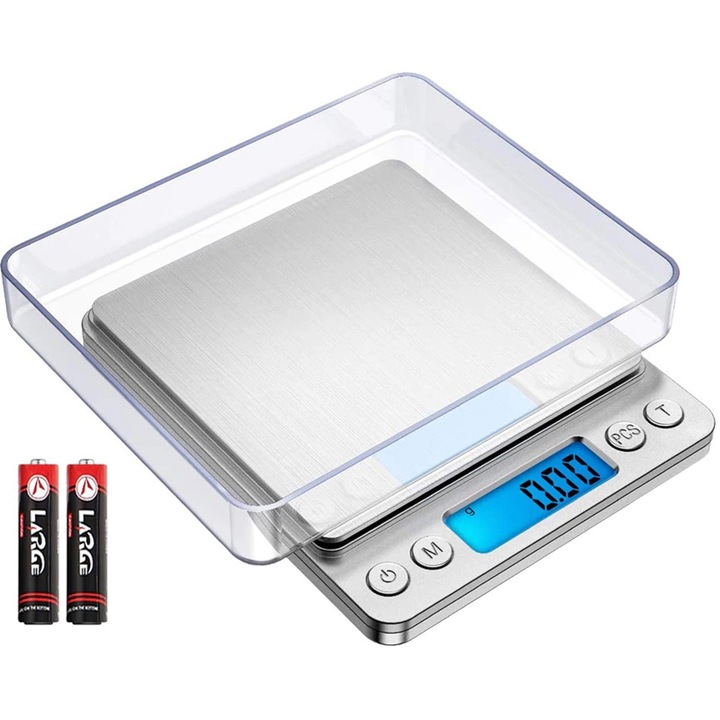Cantar digital, Display LCD, 2x AAA, Otel/Plastic, Precizie 0.01 g, 12.7x10.6x1.9 cm, Argintiu