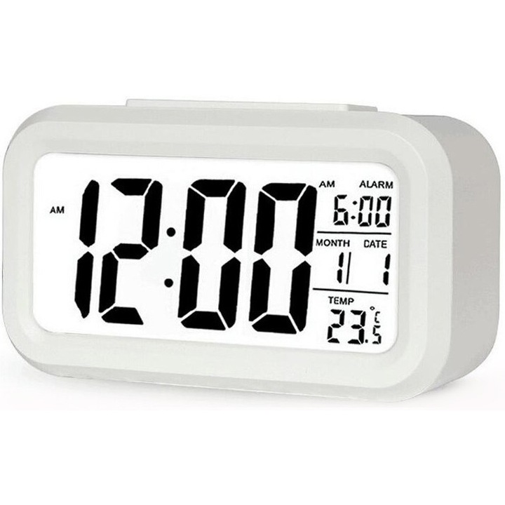 Ceas de birou cu alarma/calendar/termometru, Display LED, 13.5x7.5x4.5 cm, Alb