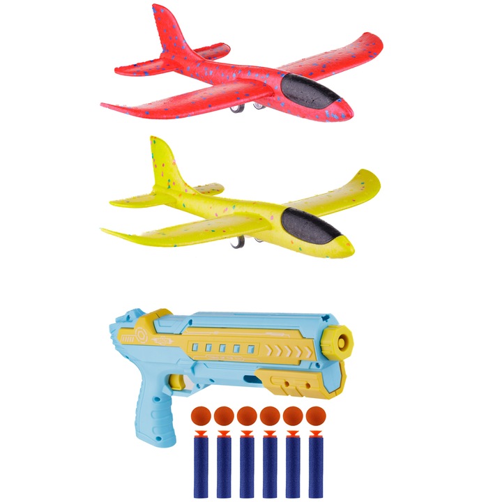 Set Avion 4 in 1 cu catapulta, 2 avioane, 1 pistol catapulta