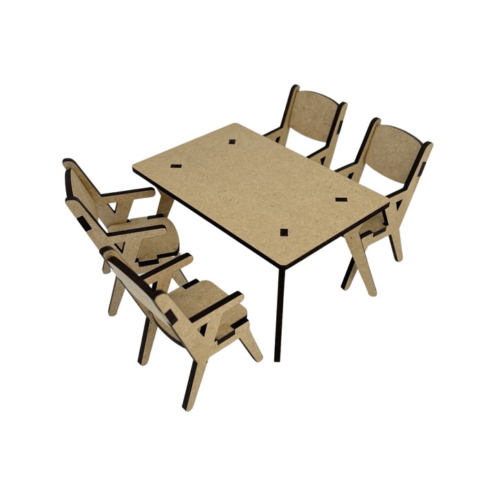 Játszókészlet, étkező bútor, asztal székekkel, Század közepe, 1:12 méretarányú, fa