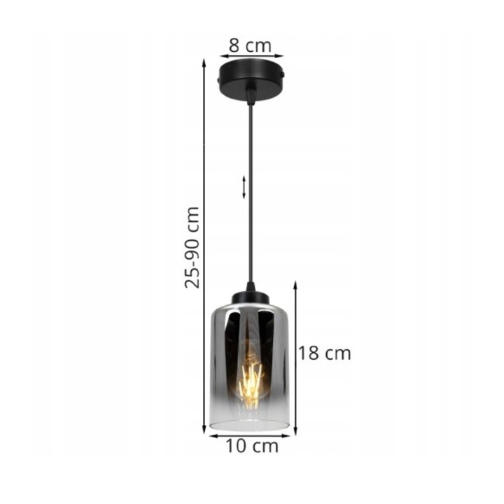 Plafoniera suspendata, Light Home, Hella, reglabile, Lungime 90 cm, Abajur 10 cm, E27, 1 punct de lumina, sticla, Negru/Crom