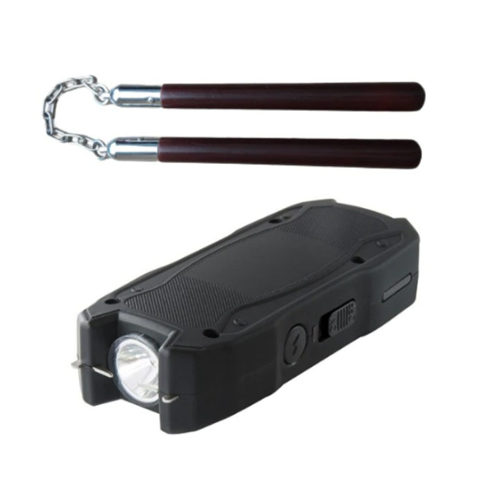 Set format din mini electrosoc TW-801 cu lanterna pentru autoaparare, Nunceag din lemn vsiniu 30cm