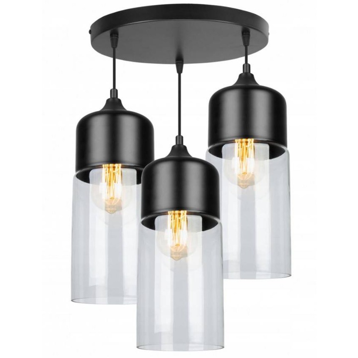 Plafoniera suspendata, LightHome, Oslo, LED, Retea de alimentare, 60 W, 3 puncte luminoase, 13 cm, 100x38 cm, E27, sticla, Negru/Transparent