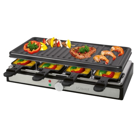 Plita grill si raclette electrica Bomann, RG 6039 CB, 42 x 21 cm, gratar si gratinare, placa antiaderenta detasabila, 8 tigai, 8 spatule, usor de curatat, cool touch, negru