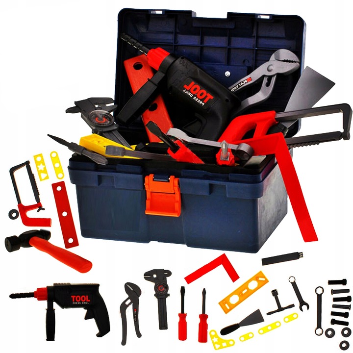 Trusa de Bricolaj idealStore ToolToys, cu Bormasina, Ciocan, Ustensile de Strangere si Filetare, Ciocan, Chei, Surubelnite, Dezvolta Creativitatea si Simturile Practice, Multicolor