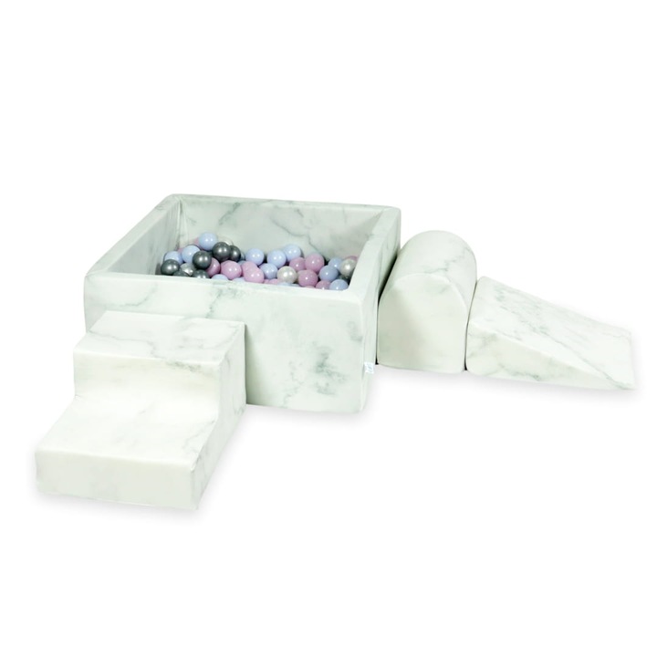 Set loc de joaca din spuma cu bazin patrat 90x90x40, 400 bile, culori: bleumarin perlat, roz perlat, metalic grafit