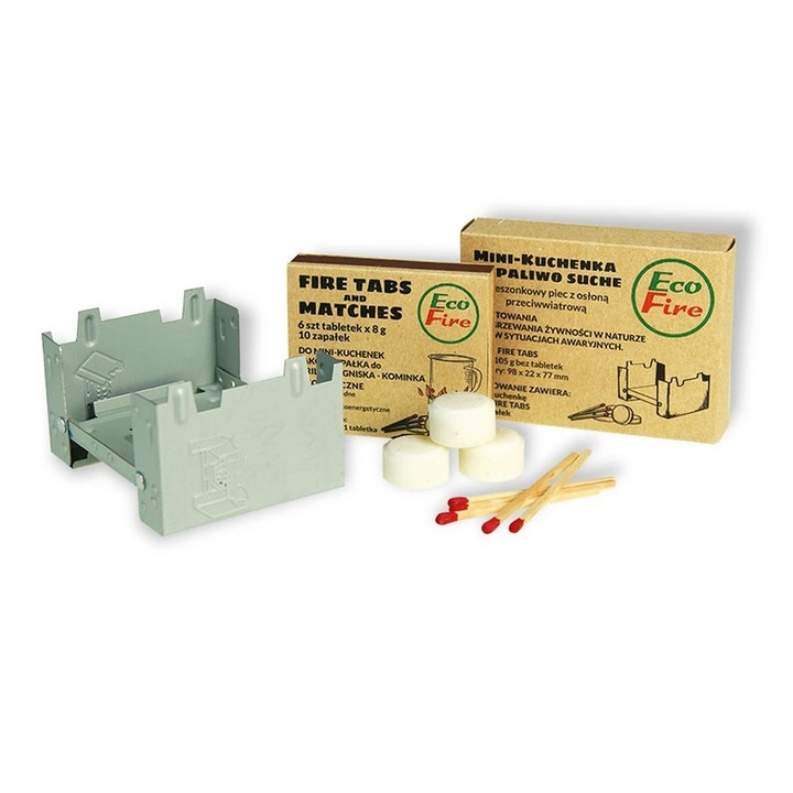 Szett, amely egy szilárd alkoholos összecsukható kályhából áll, 6 tablettával, 10 speciális gyufával és egy gyújtófelülettel.