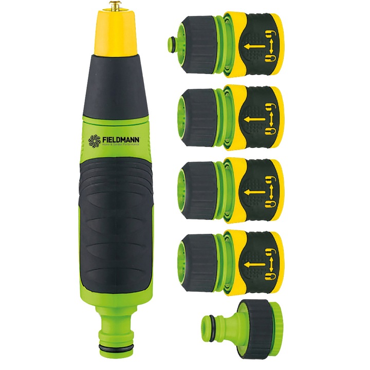 Fieldmann FZH 9008 szórópisztoly készlet + 3/4 tömlőcsatlakozók, állítható szórópisztoly, műanyag