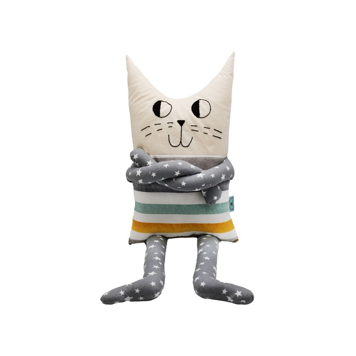 Papusa handmade, pentru copii, din bumbac cu umplutura hipoalergenica, 80 cm, motanul Fanus