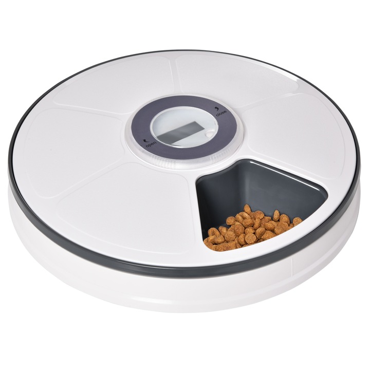 Автоматичен диспенсър за храна PawHut, 30.5x7.2 см, 6 отделения, LED дисплей, Таймер, ABS, Бял/Сив
