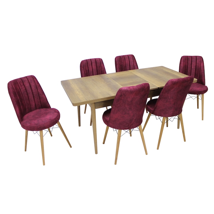 Set masa extensibila Aris Nuc, cu 6 scaune Apollo, dreptunghiulara, blat din PAL laminat, picioare din lemn, tapiterie din material textil, nuc/bordo, 130x78x80 cm