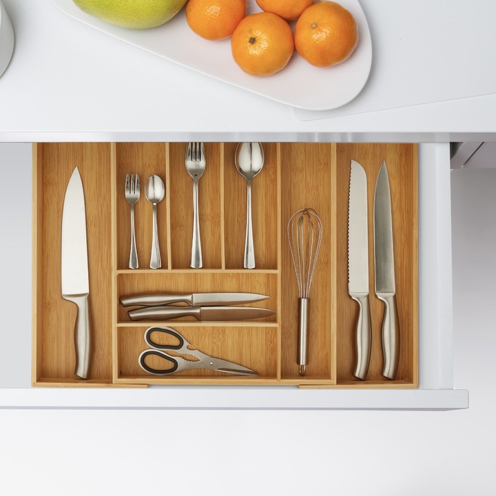 Evőeszköz állvány, RelaxDays, bambuszból, kihúzható 6 - 8 rekeszes, natúr, 6,5 x 57,5 x 43 cm
