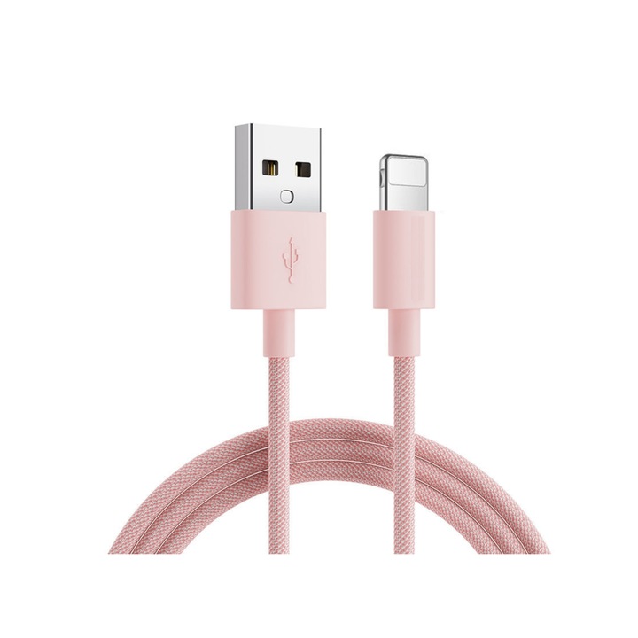 USB gyorstöltő és adatátviteli kábel - Lightning, 2,4A, 1m, megerősített, rózsaszín