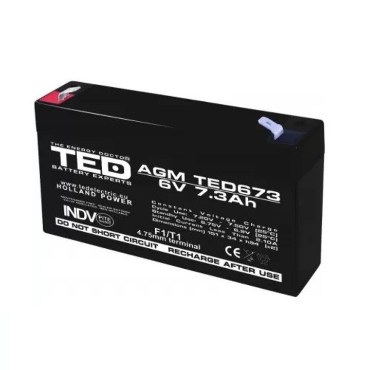 Батерия TED, Battery Expert Holland, AGM VRLA 6V, 7.3A, размери 151мм x 35мм x в 95мм