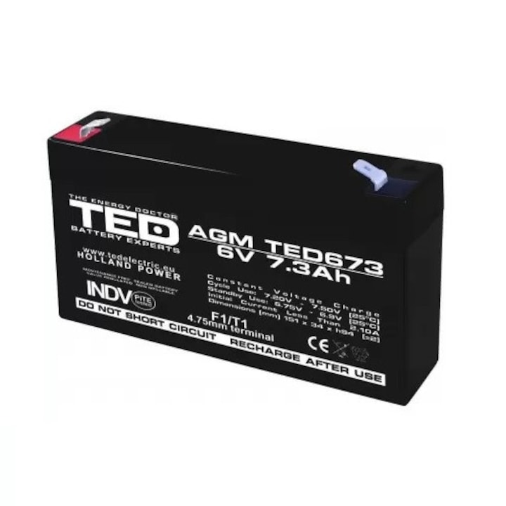 Батерия AGM VRLA 6V 7.3A, размери 151mm x 35mm xh 95mm, TED Battery Expert Holland