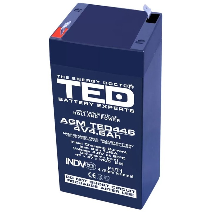 AGM VRLA akkumulátor, 4V 4,6A, méretek 48mm x 52mm xh 101mm, TED Battery Expert Holland