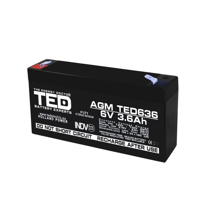 TED Battery Expert Holland AGM VRLA 6V 3.6A akkumulátor, méretei 133mm x 34mm xh 59mm