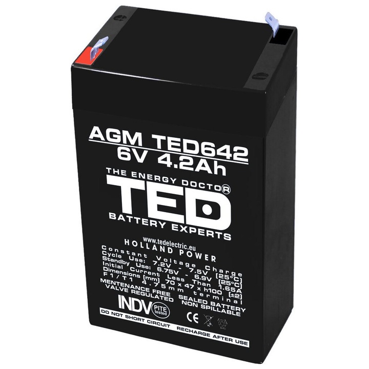 Батерия AGM VRLA 6V 4.2A, размери 70mm x 48mm xh 101mm, F1 TED Battery Expert Holland
