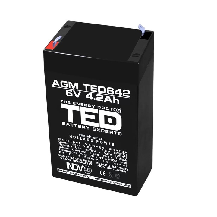 Батерия AGM VRLA 6V 4.2A, размери 70mm x 48mm xh 101mm, F1 TED Battery Expert Holland