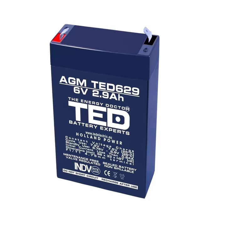 Acumulator AGM VRLA 6V 2,9A dimensiuni 65mm x 33mm x h 99mm TED Battery Expert Holland